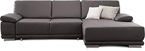 CAVADORE Ecksofa Corianne mit Schlaffunktion / Bettsofa in L-Form im modernen Design, inkl. Armteilverstellung und Longchair / 282 x 80 x 162 / Kunstleder, grau