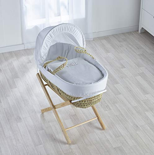 ELEGANT BABY Embroidered Sleepy Owl Palm Moses Basket with Natural Folding Stand, Adjustable Hood, Fibre Mattress & Padded Liner