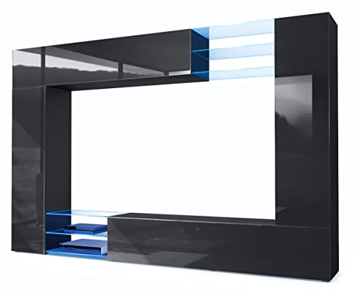 Vladon Wohnwand Mirage, Made in Germany, Anbauwand mit Rückwand mit 2 Türen, 2 Klappen und 6 offenen Glasablagen, Schwarz matt/Schwarz Hochglanz, inkl. LED-Beleuchtung (262 x 183 x 39 cm)