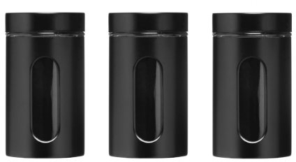 Set Of 3 1000ml Kitchen Bright Colour Tea Coffee Sugar Canisters Stainless Steel Glass Insert Storage Pots Jars Set (Black)