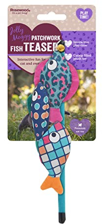 Rosewood Jolly Moggy Patchwork Fish Teaser Cat Toy - Interactive Wand Teaser Toy with Catnip-Infused Plush Fish for Fun Playtime