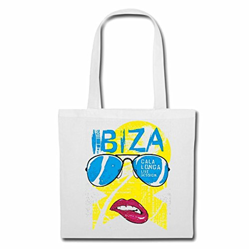 Ibiza Cala Longa Sonnenbrille Urlaub Strand Holiday Palmen Mittelmeer Ozean New York City Amerika California USA Route Stoffbeutel Baumwolltasche Shopper Umhängebeutel 38x42cm lange Henkel Farbe Weiß