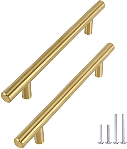 goldenwarm 30pcs Brushed Brass Handles for Modern Kitchen Cabinet 1/2 Diameter T Bar Handles Furniture Gold Door Drawer Pulls Knobs Hole Spacing 128mm 5in