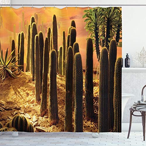 ABAKUHAUS Kaktus Duschvorhang, Sonnenuntergang in Wild Wüste, Stoffliches Gewebe Badezimmerdekorationsset mit Haken, 175 x 180 cm, Lachs Grün