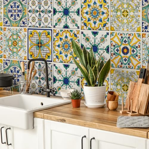 RE-COVERTILES - Adesivi per Piastrelle Bagno e Cucina 12 Pz 15x15 cm - PS00078 Decorazione murale in PVC Impermeabile mattonelle Mosaico Stile cementine Azulejos