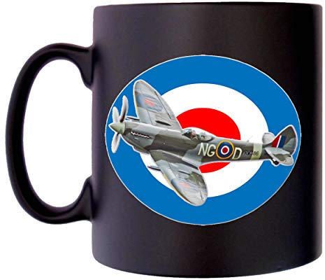 Klassek RAF Spitfire Flying Royal Air Force Plane Wartime Mug for Men Women Coffee Tea 10oz Black Satin Gift Present