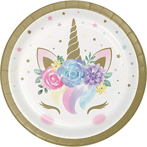 Creative Party PC343833 Dessert Floral Unicorn Baby Paper Lunch Plates-8 Pcs, Gold, 18 Centimeters
