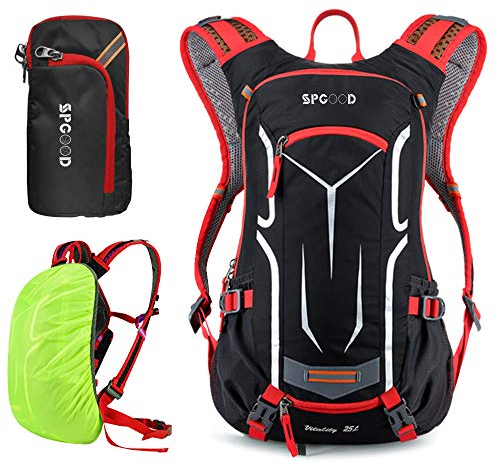 SPGOOD Fahrradrucksack 20L/25L/30L (9 Farben)-Wasserdichter Ultraleicht-für Damen & Herren Multifunktionaler-mit Regenschutzkappe/Helmabdeckung Rucksäcke MTB Mountainbike (Rot schwarz, 25L)