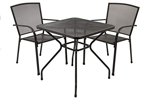 DEGAMO Gartengarnitur Classic 3-teilig, 2X Stapelsessel und 1x Tisch 70x70cm quadratisch, Streckmetall anthrazit