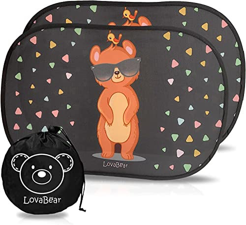 Lovabear Tendine Parasole Auto Bambini - Protezione Raggi UV Superiore con Trattamento SunShied+, 2 Pezzi 51x31cm, Tende da Sole Statiche Adesive Senza Ventose per Finestrino Laterale (Orsetto)