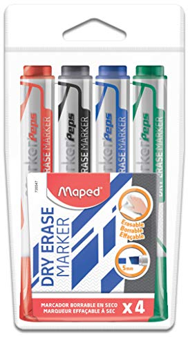 Maped Pennarelli cancellabili a secco, confezione da 4, blu, nero, rosso, verde, punta a scalpello larga da 1 a 5 mm, lavagna bianca, ardesia e superfici non porose