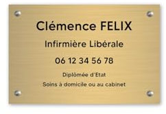 Plaque professionnelle personnalisée en PVC pour infirmière libérale - 1 à 5 lignes de texte - Format 30 x 20 cm -Or lettres noires -Vissé