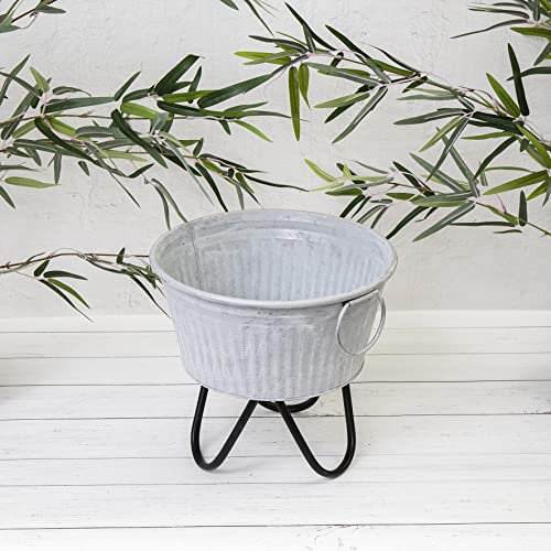 Annibells Ribbed Garden Planter Grey Metal Round Zinc Plant Flower Pot Pin Leg Stand Decor (Small)