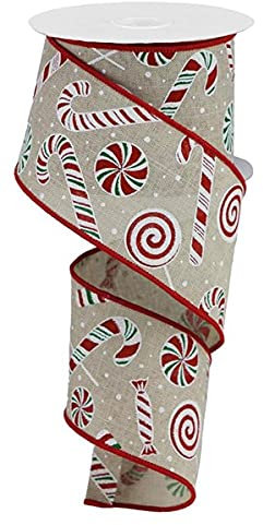 Candy Canes & Peppermints Schleifenband mit Drahtrand – 9,1 m (Helles Natur, Rot, Grün, 6,3 cm)