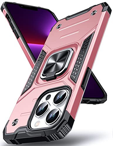 DASFOND Designed for iPhone 13 Pro Case, Military Grade Shockproof Protective Phone Case Cover with Enhanced Metal Ring Kickstand [Support Magnet Mount] for iPhone 13 Pro 6.1 inch, Rose Gold