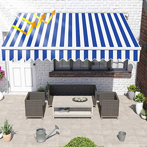 Cecaylie Gelenkarmmarkise Sonnenmarkise Manuelle Gelenkarmmarkise Wasserdicht Sonnenschutz Blau/Weiß Gestreift 350 x 300 cm für Terrasse Balkon Alu/Polyester