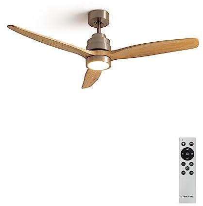 CREATE / WINDSTYLANCE/Ventilador de techo con luz níquel aspas madera natural con mando / 40W, Silencioso, Ø132 cm, 6 velocidades, temporizador, verano-invierno, doble altura