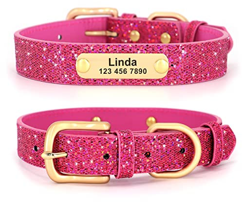 Didog Collier Chien à Paillettes, Collier personnalisé en Cuir PU Paillettes Scintillantes, Collier Chien avec Plaque gravée pour Chiens et Chats de Petite et Moyenne Taille, Rose Vif, Taille M
