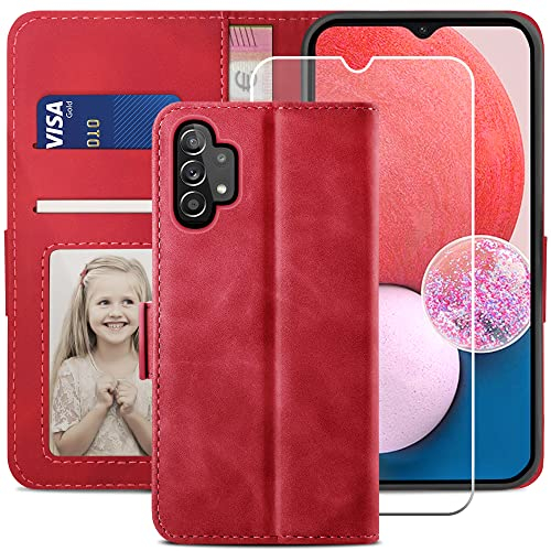 YATWIN Handyhülle Kompatibel mit Samsung Galaxy A13 4G/5G/A04S Hülle +1 Stück Panzerglas Schutzfolie, Klapphülle A13 Premium Leder Brieftasche Schutzhülle [Kartenfach][Stand] Handytasche Case, Rot