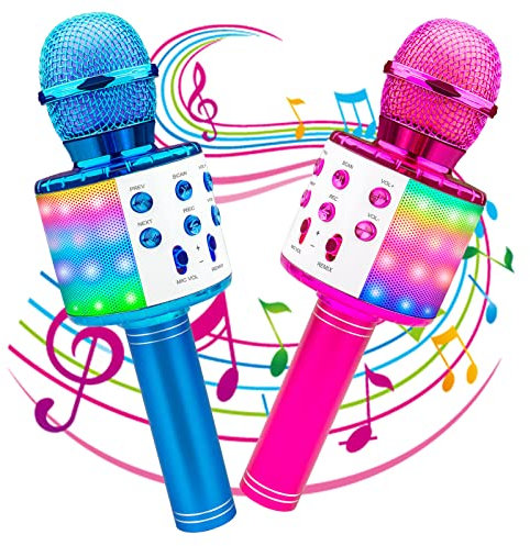 ICNOW Wireless Microphone for Kids Adults, Karaoke Bluetooth Microphones Portable LED Lights Mic Speaker for Home KTV Party Singing Recording, Pink & Blue