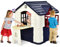 GOPLUS Multifunktionale Kinderspielhaus, Spielhaus mit 2 ausgehöhlte Fenster, Breiter Picknicktisch, Spielzeugset & Doppeltüren, Rollenspiele für Draußen & Drinnen ab 3 Jahren, 164x124x132cm (Blau)