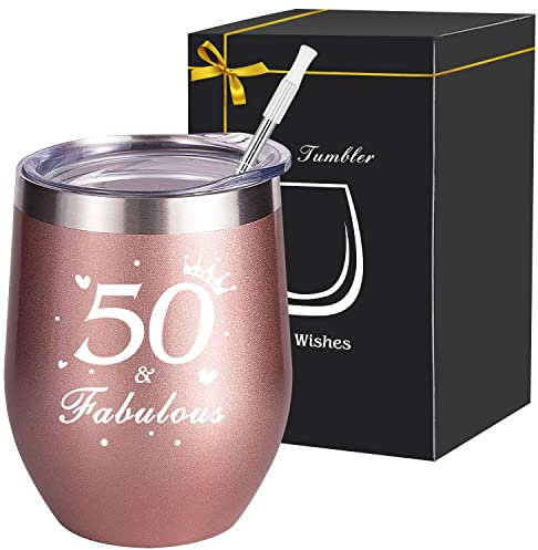 KKSJK 50. Geburtstags Weinbecher Edelstahl Frauen, 50. Geburtstagsgeschenke Wein Geschenk, 12oz Weingläser mit Deckel, Stroh und Strohhalmpinsel