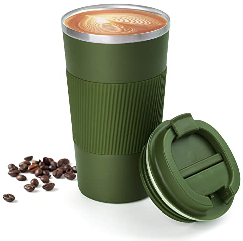 Breteil Travel Mug 500ml Reusable Coffee Cup Vacuum Insulated Coffee Mug Portable Travel Mug with Leakproof Lid Stainless Steel Thermal Mug for Hot/Cold Coffee Water and Tea (Green) (NM-MAG4055G-MX)