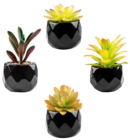 Succulents Plants Artificial Potted Indoor，Set of 4 Small Fake Plants in Black Ceramic Pot, Faux Plant Decoration for Office,Home,Table,Kitchen,Bathroom