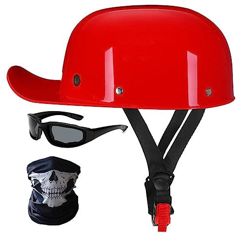 HHSDB Halbschalenhelm Motorradhelm ECE-Zulassung Baseball Cap Mit Fahrradbrille Fahrradvisier Cruiser Chopper Scooter Helm Herren Retro Motorrad Halbhelm Männer Frauen Mofa Helm 57-62cm Rot