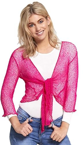 STAR FASHION Women's Plain Fish Net Knotted Tie Up Bolero Shrug Crop Top Ladies Knitted Three-Quarter Sleeve Cardigan Blouse Stretchy Lightweight One Size Fits All 8-14 Fuchsia