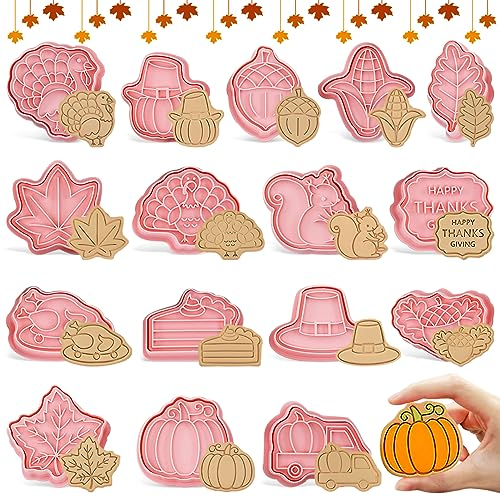 BGTLJKD 16 Stück Thanksgiving Ausstechformen, Herbst Ausstecher, 3D Kunststoff Thanksgiving Keksausstecher Set, Herbst Erntedankfest Plätzchen Ausstecher Fondant Zubehör für DIY Süßigkeiten Keks (A)