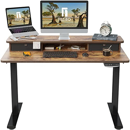 FEZIBO Electric Height Adjustable Standing Desk, 100x60cm, with Double Drawers and Storage Shelf, Rustic Brown