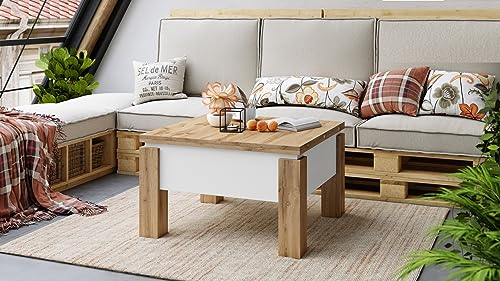 Design Couchtisch Tisch Oslo höhenverstellbar 49 / 76cm aufklappbar 80 / 160cm Esstisch, Farbe:Eiche Wotan - Weiß matt