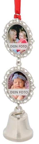 MilyaDE Weihnachtsbaumschmuck Glöckchen mit eigenem Bild Edelstahl Christbaumschmuck Anhänger Personalisierte Selbst Gestalten 2 Fotos