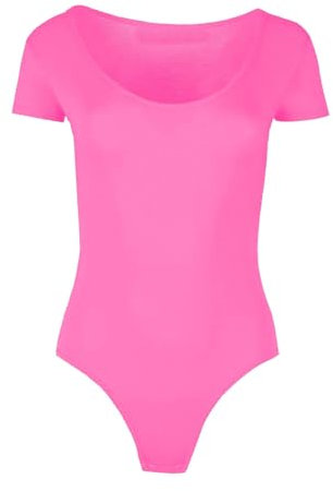 Fashion Mark Body da donna a tinta unita con maniche ad aletta, vestibilità aderente, girocollo, elasticizzato, estivo, casual, taglia 40-46, Rosa fluo, 12-14