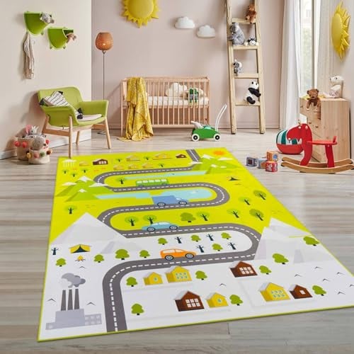 Taracarpet Kinderteppich Teppich Kinderzimmer Spielmatte Spielteppich für Jungen und Mädchen und auch für Jugendzimmer Spielstrasse grün 120x170 cm