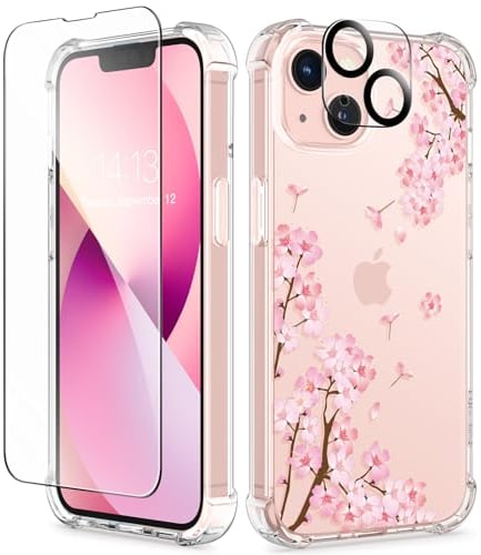 GVIEWIN Compatible avec Coque iPhone 13 6.1 2021, avec Verre Trempé Protection écran+Caméra Protecteur, Fleurs Transparent Claire Housse de Protection Antichoc Fine TPU Souple Etui, Sakura/Rose