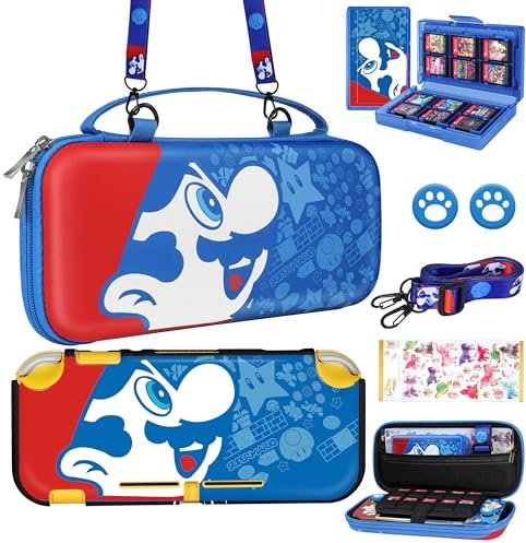 Koecya for Nintendo Switch Lite 7 in 1 Storage Accessories Kit with Travel Carrying Case+Switch Lite Protective Cover+Game Case Holder+Strap+Sticker+2 Thumb Caps Cute Shell for Boys Kids Girls -Blue
