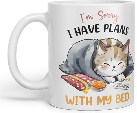 Vixar I'm Sorry, I Have Plans with My Bed, cat Sarcastic Joke Ceramic Coloured Mug Cup for Tea Coffee Hot Brew 330ml 11Oz (White)