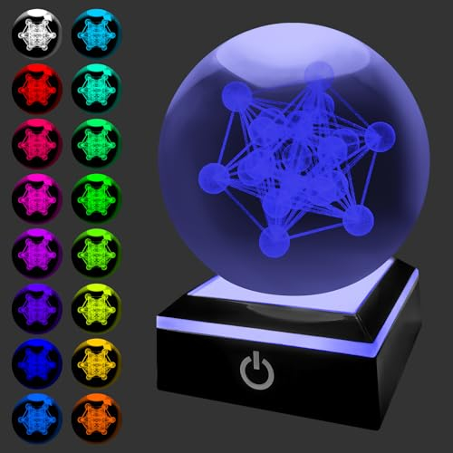 HONPHIER 3D Kristallkugel Nachtlicht Metatrons Würfel Crystal Lampe Stimmungslicht Dimmbar mit LED Basis Kristallkugel Tischlampe Dekoration für Heim, Familie Freund Geschenke