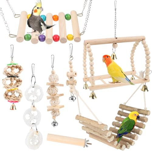 Byffor Holzspielzeug für Wellensittiche, 8 Stück Naturholz Lovebird Hängende Schaukel Spielzeug mit Glocken für alle Papageien und Vogel kaut