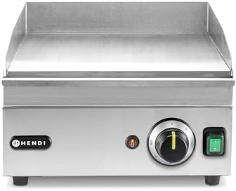 HENDI Grillplatte, glatte Ausführung, Entnehmbare Festtschublade, Temperatur bis 300°C regelbar, kompakt, Elektrogrill, Tischgrill, Gastrogrill, 230V/2000W, 325x485x(H)222mm, Edelstahl