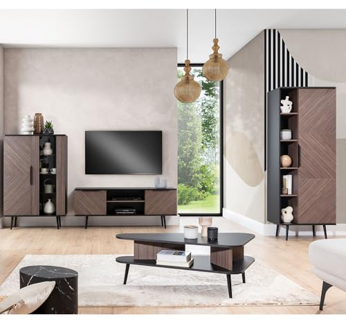 Lomadox Wohnmöbel Set Wohnwand in Graphit mit braun 4-teilig | 1 Highboard, 1 Lowboard, 1 Vitrinenschrank, 1 Couchtisch