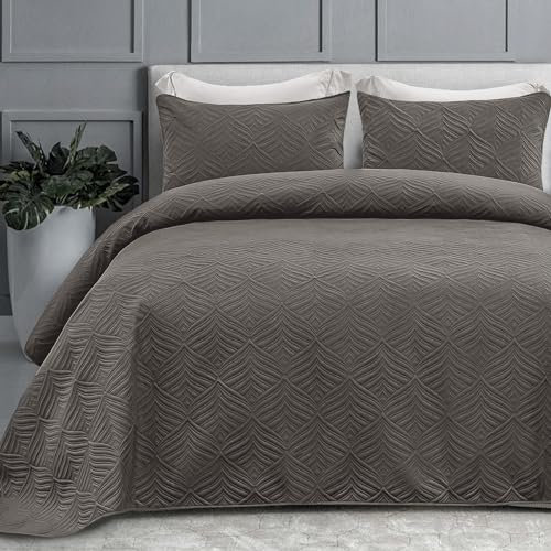 Whale Flotilla Colcha Moderna de 220 x 240 cm, Colcha con 2 Fundas de Almohada, Edredón de Microfibra con Estampado en Relieve, Ropa de Cama Ligera y Suave para 4 Estaciones, Gris