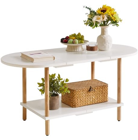 Aibiju Table Basse Ovale Blanche, Petite Table Basse en Bois pour Petit Espace, Design D'épissure 35 * 16 * 17 Pouces, Table Centrale à 2 Niveaux pour Salon Blanc YD-011W