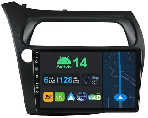 YUNTX 9 Zoll Android 14 Autoradio mit Navi Für Honda Civic 2006-2011 |Octa Core|6GB 128GB|Eingebaut 4G LTE|CarPlay & Android Auto|DSP|DAB|QLED|Dual Band WiFi