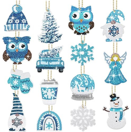 MorLuks Diamond Painting Schlüsselanhänger Set - 15 Stück 5D Anhänger, DIY Bastelset für Weihnachten - Kinder Kreativset