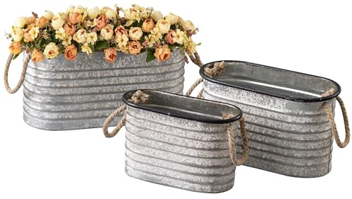 SOFE Rustic Galvanized Tub Oval Planter Set of 3, Shabby Chic Design Planters for Indoor Plants, Small Metal Bucket with Rope Handles, Farmhouse Indoor Plant Pot Home Decor for Outdoor Party