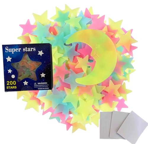201 Stück 3D Wandsticker Set, Leuchtende Bunt Sterne Wandsticker im Dunkelen für Decke, 200 Sterne und 1 Mond, Erstellen Realistischen Sternenhimmel, Leuchtsterne Wandsticker für Kinderzimmer Deko