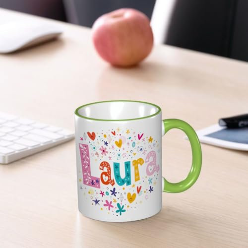 YOIUE Tasse aus Keramik - Große 11oz Tassen 330ml Kaffeetassen mit Henkel, 100% Handbemalt - Trinkgläser mit Griff - Weiß,Dekorativer Schriftzug mit dem Namen Laura für Mädchen
